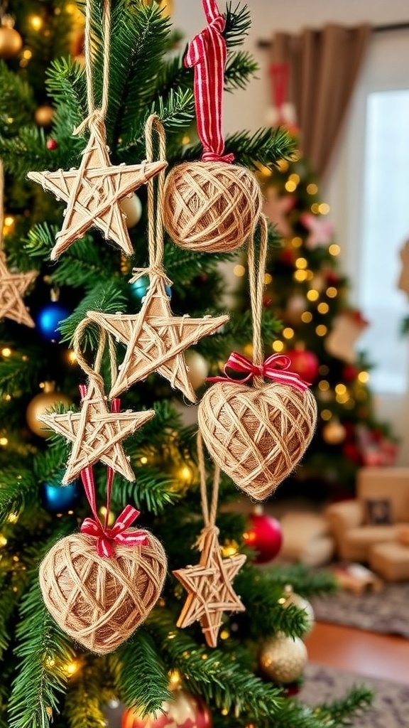 Handmade jute Christmas ornaments in various shapes hanging on a decorated tree.